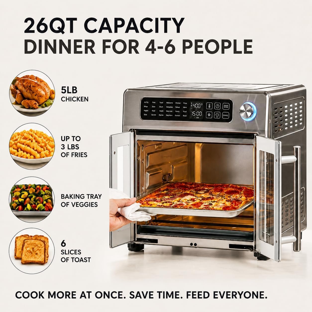 Emeril Lagasse Extra Large French Door Air Fryer Toaster Oven Combo, 24 Cooking Functions and Digital Controls, 7 Accessories Included, Stainless Steel Finish, 26QT Capacity - Image 7
