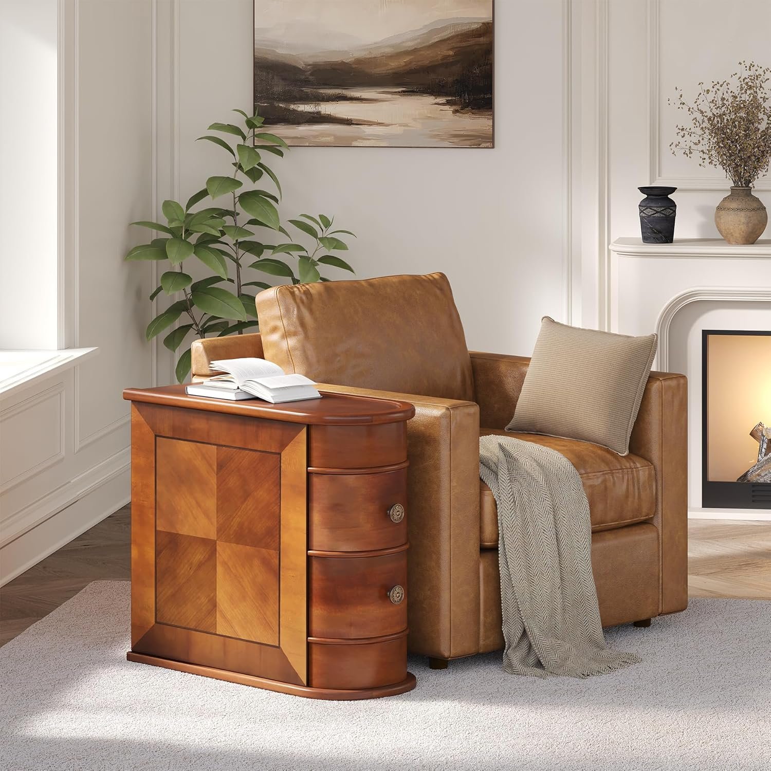 LITTLE TREE Wood End Table with 2 Drawers Sofa Side Table, No Assembly Required Vintage Slim Nightstand Bedside Table for Bedroom - Image 2