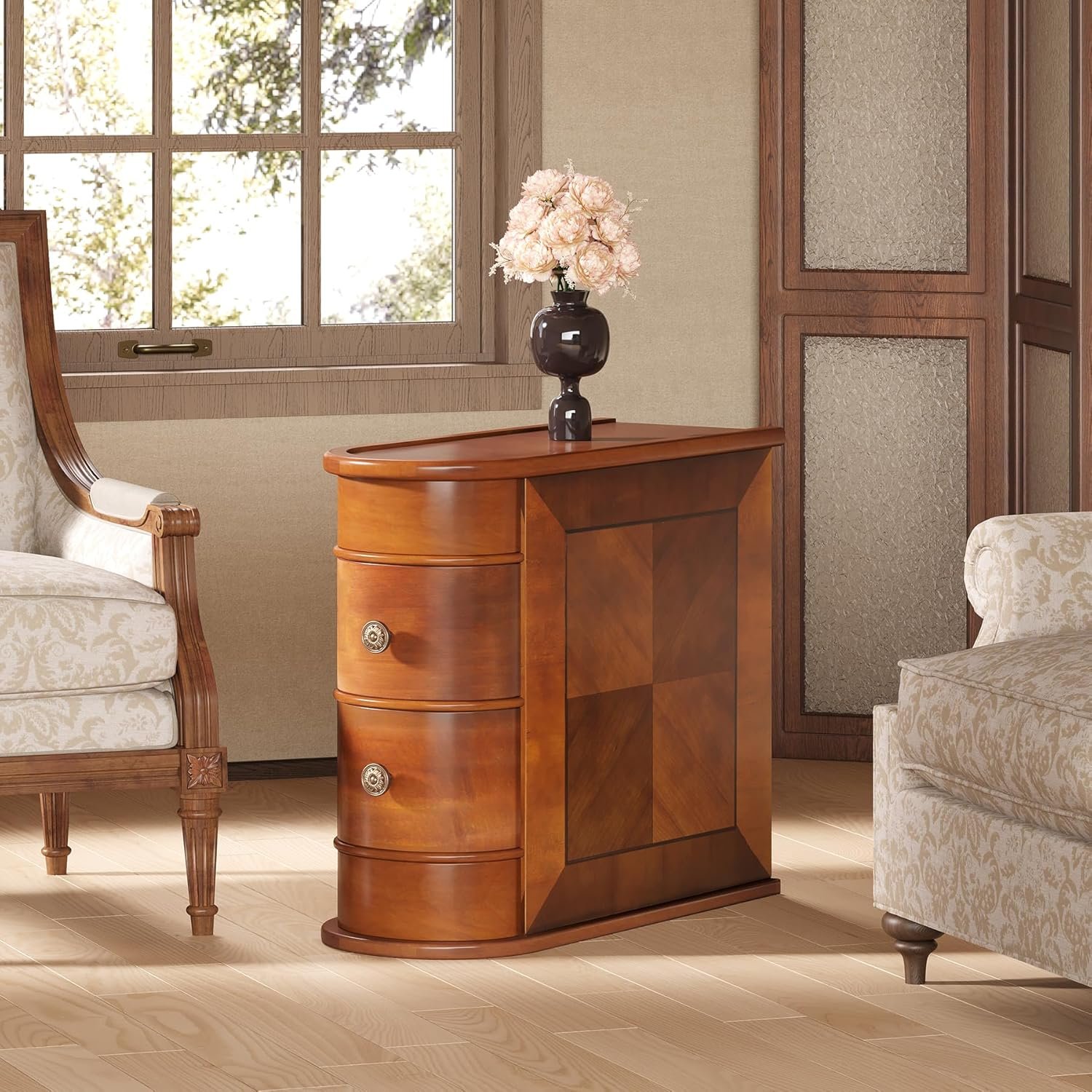 LITTLE TREE Wood End Table with 2 Drawers Sofa Side Table, No Assembly Required Vintage Slim Nightstand Bedside Table for Bedroom - Image 4